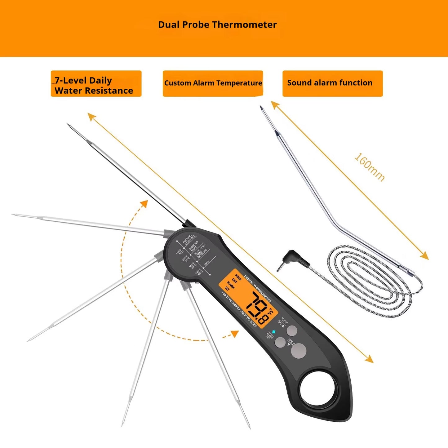 2 in 1 Long Cable Meat Thermometer Digital Waterproof Kitchen Cooking Tools Food Fast Measure Thermometer 2 Probes BBQ Grill Oil