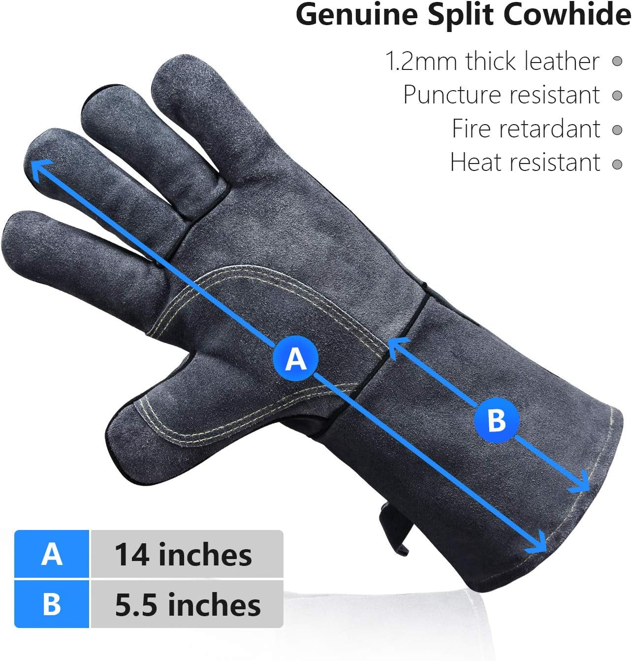 932℉ Leather Forge Welding Gloves 14-Inch Heat Resistant Grill BBQ Glove with Flame Retardant Long Sleeve and Insulated Lining for Men and Women Gray