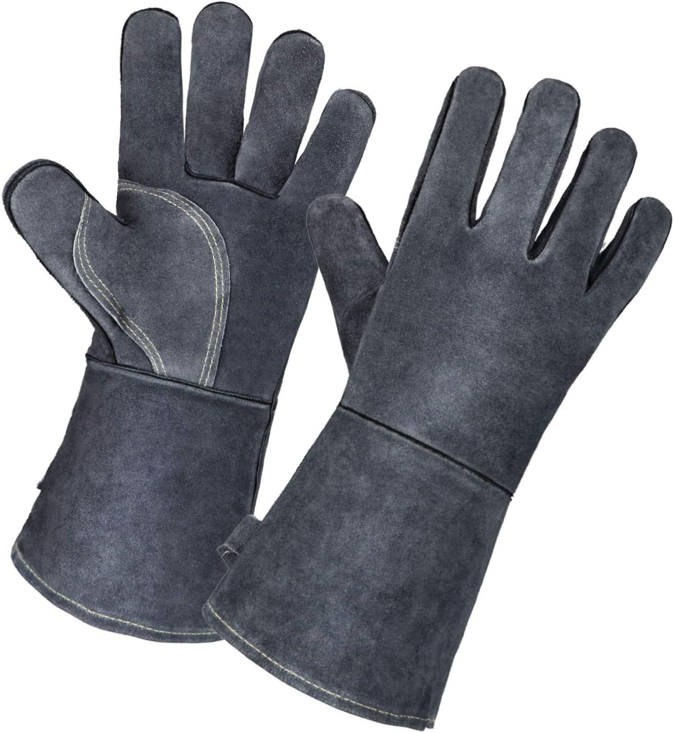 932℉ Leather Forge Welding Gloves 14-Inch Heat Resistant Grill BBQ Glove with Flame Retardant Long Sleeve and Insulated Lining for Men and Women Gray