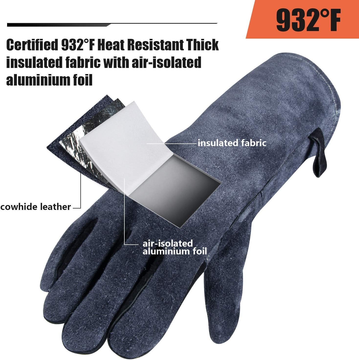 932℉ Leather Forge Welding Gloves 14-Inch Heat Resistant Grill BBQ Glove with Flame Retardant Long Sleeve and Insulated Lining for Men and Women Gray