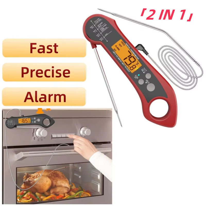 2 in 1 Long Cable Meat Thermometer Digital Waterproof Kitchen Cooking Tools Food Fast Measure Thermometer 2 Probes BBQ Grill Oil